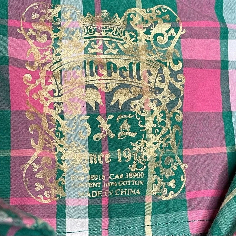 Vintage Pelle Pelle, Men’s Green and Pink Short Sleeve Button Shirt, 5X - Picture 7 of 10